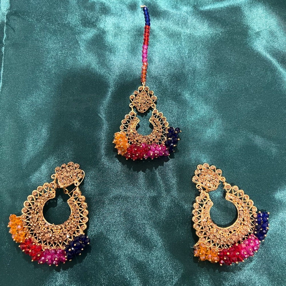 Southasian Colorful Beaded Earrings and Tika Forehead Jewelry 3pcs Set
